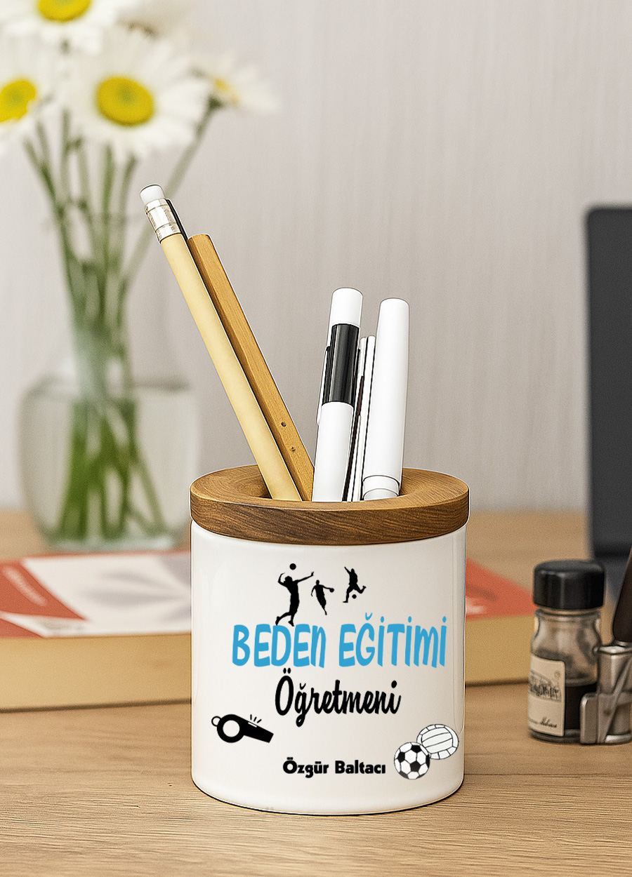 Beden Eğitini Öğretmeni Ahşap Kapaklı Kalemlik