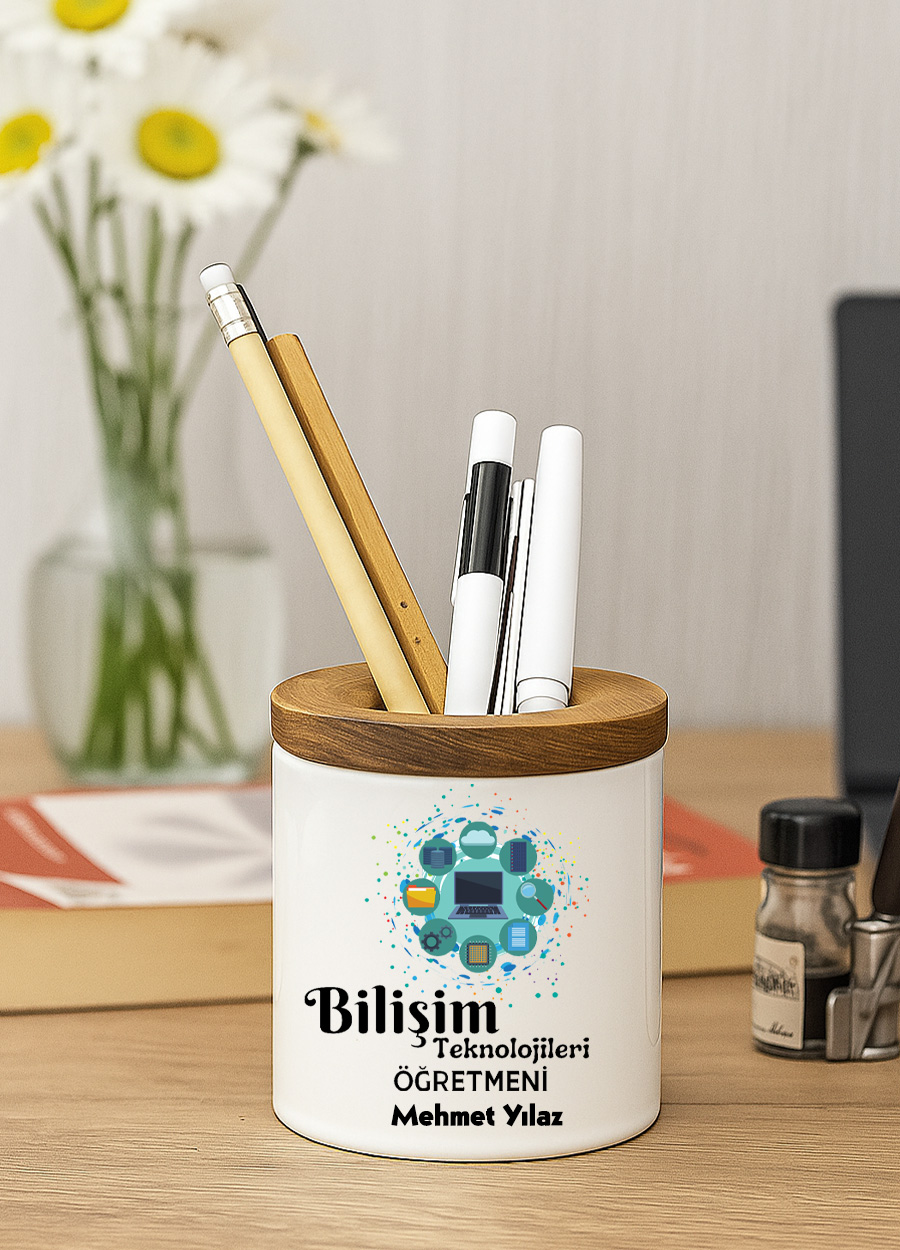Bilişim Teknolojileri Öğretmeni Ahşap Kapaklı Kalemlik