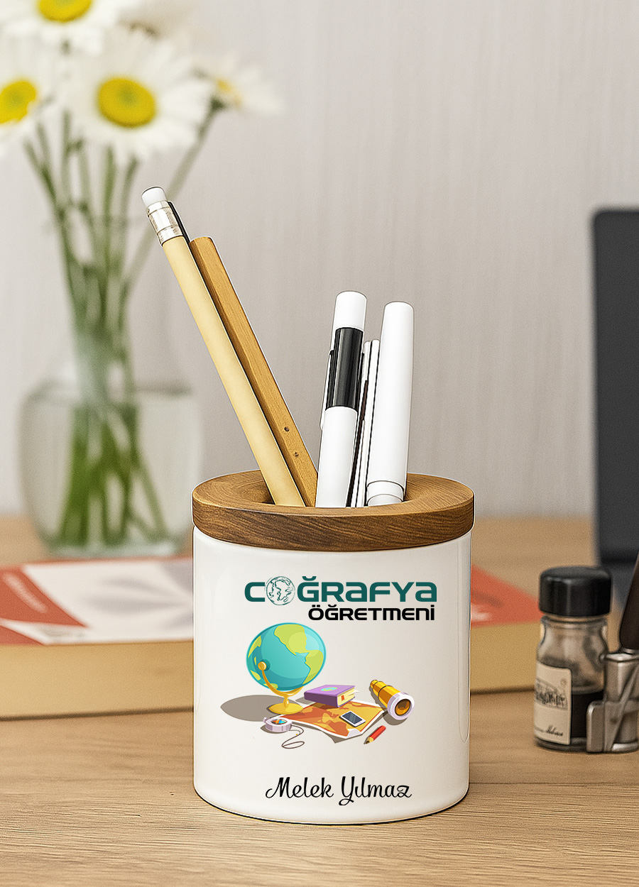 Coğrafya Öğretmeni Ahşap Kapaklı Kalemlik