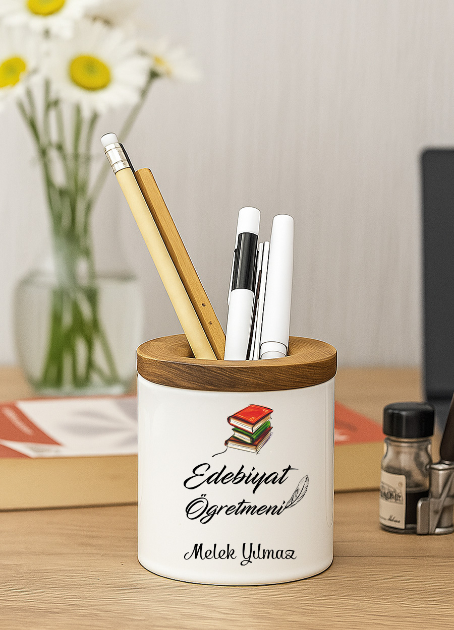 Edebiyat Öğretmeni Ahşap Kapaklı Kalemlik
