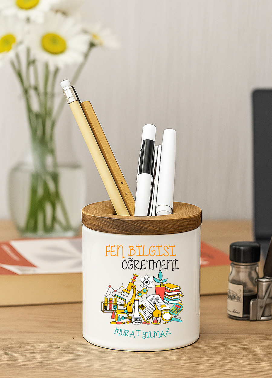 Fen ve Teknoloji Öğretmeni Ahşap Kapaklı Kalemlik