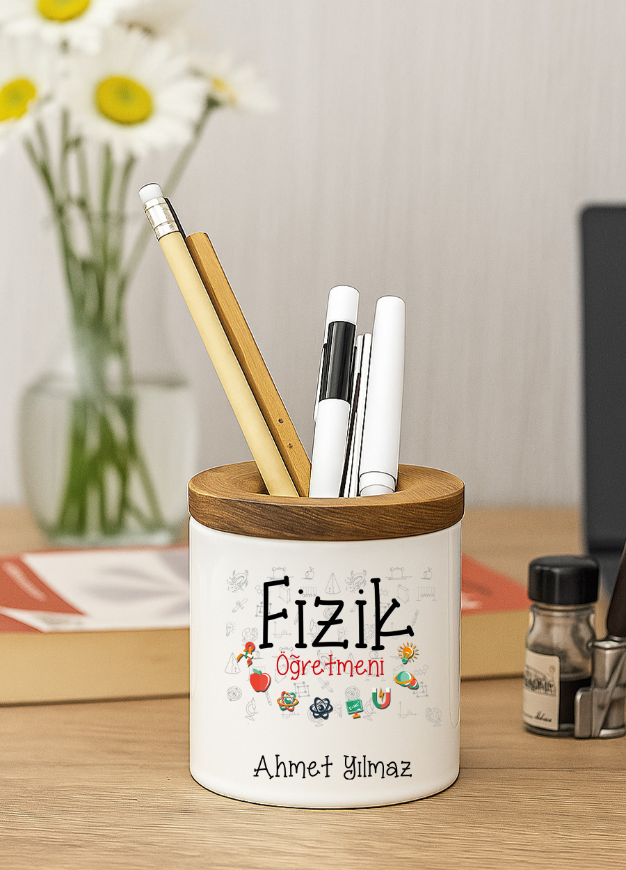 Fizik Öğretmeni Ahşap Kapaklı Kalemlik