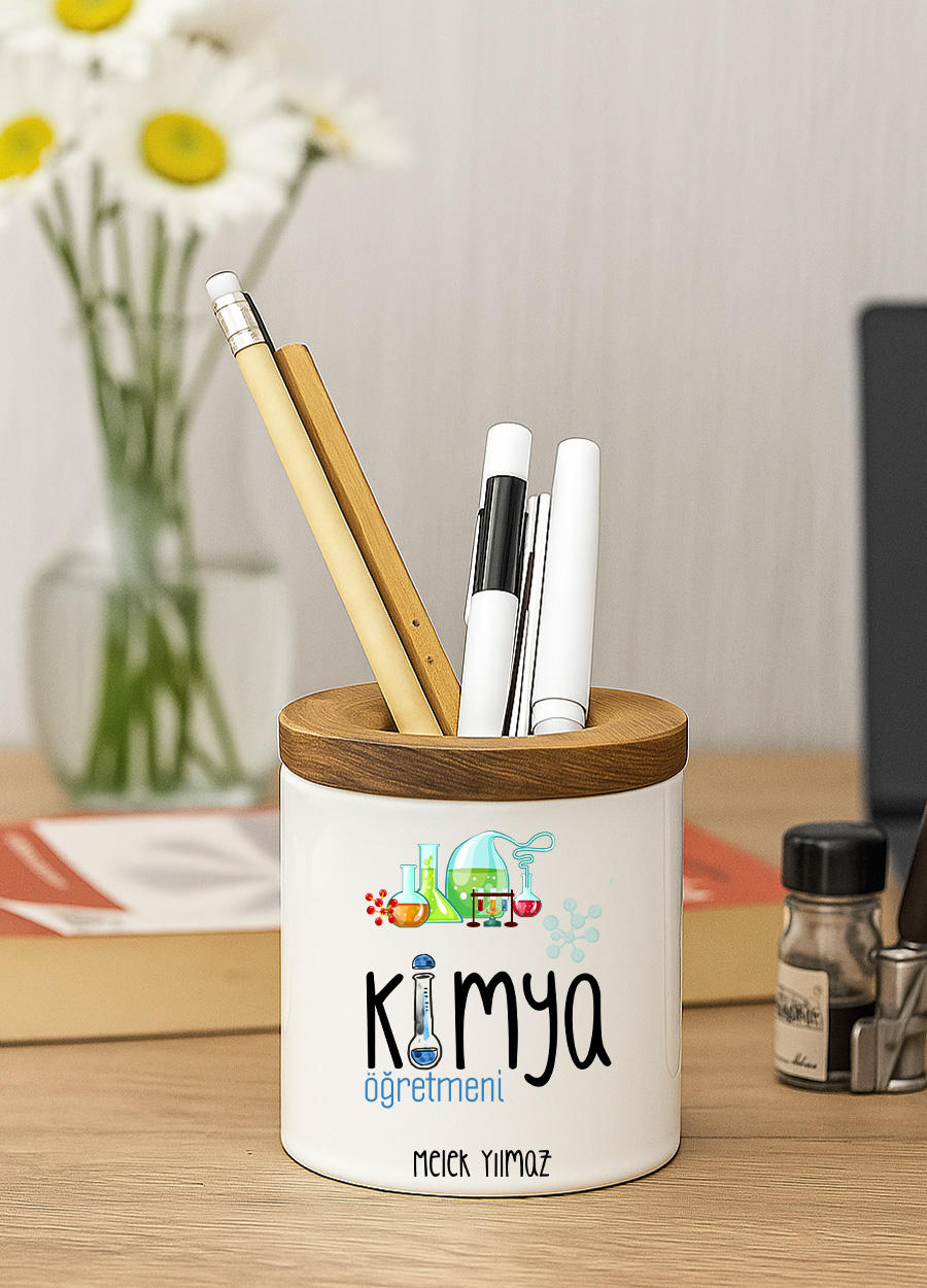 Kimya Öğretmeni Ahşap Kapaklı Kalemlik