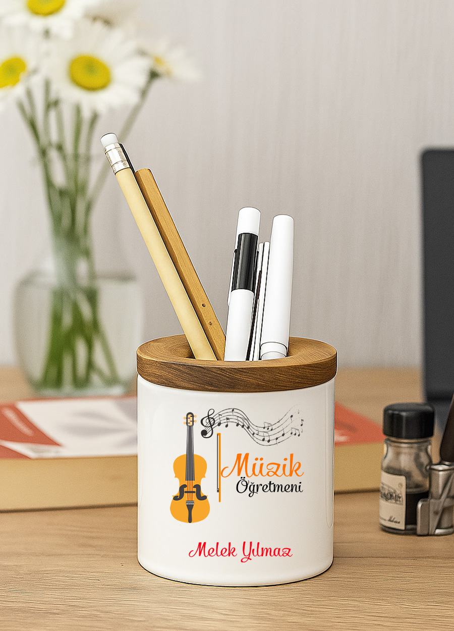Müzik Öğretmeni Ahşap Kapaklı Kalemlik